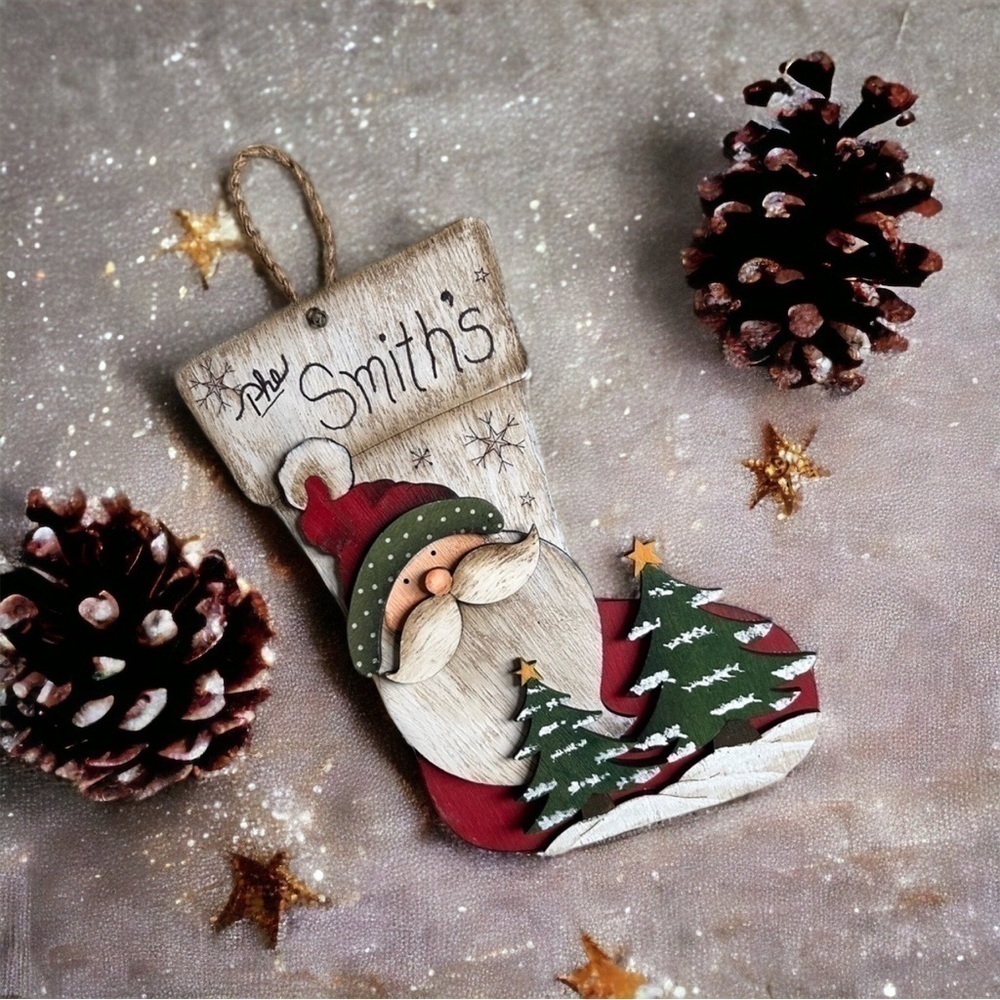 NWOT Wooden Hand Painted Santa Stocking “The Smiths”